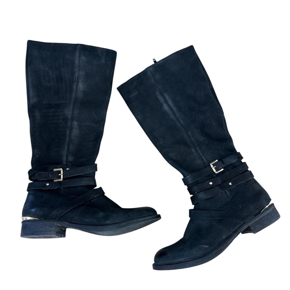 EUC : Steve Madden - Albany Black Leather EUC Riding Boots Buckle Gold Size 7